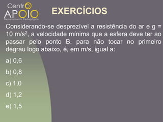 Considerando-se desprezível a resistência do ar e g =
10 m/s2, a velocidade mínima que a esfera deve ter ao
passar pelo ponto B, para não tocar no primeiro
degrau logo abaixo, é, em m/s, igual a:
a) 0,6
b) 0,8
c) 1,0
d) 1,2
e) 1,5
EXERCÍCIOS
 