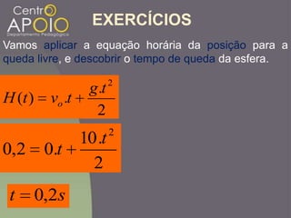 EXERCÍCIOS
Vamos aplicar a equação horária da posição para a
queda livre, e descobrir o tempo de queda da esfera.
2
.
.)(
2
tg
tvtH o
2
.10
.02,0
2
t
t
st 2,0
 