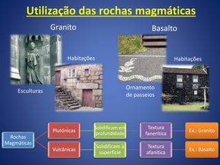 Rochas
Magmáticas
Plutónicas
Solidificam em
profundidade
Textura
fanerítica
Ex.: Granito
Vulcânicas
Solidificam à
superfície
Textura
afanítica
Ex.: Basalto
Utilização das rochas magmáticas
Granito Basalto
Esculturas
Habitações
Ornamento
de passeios
Habitações
 