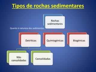 Tipos de rochas sedimentares
Rochas
sedimentares
Detríticas
Não
consolidadas
Consolidadas
Quimiogénicas Biogénicas
Quanto à natureza dos sedimentos
 