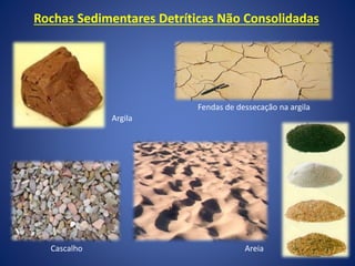 Rochas Sedimentares Detríticas Não Consolidadas
Argila
Areia
Cascalho
Fendas de dessecação na argila
 