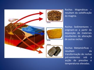 Rochas Magmáticas –
resultam da solidificação
do magma.
Rochas Sedimentares –
originam-se a partir da
deposição de materiais
resultantes da alteração
de outras rochas.
Rochas Metamórficas –
resultam da
transformação de rochas
pré-existentes sob a
acção de pressões e
temperaturas elevadas.
 