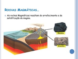 ROCHAS MAGMÁTICAS…
   As rochas Magmáticas resultam do arrefecimento e da
    solidificação do magma.
 