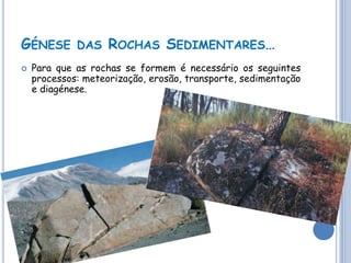 GÉNESE DAS ROCHAS SEDIMENTARES…
   Para que as rochas se formem é necessário os seguintes
    processos: meteorização, erosão, transporte, sedimentação
    e diagénese.
 