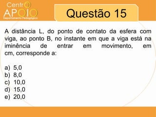 Questão 15
A distância L, do ponto de contato da esfera com
viga, ao ponto B, no instante em que a viga está na
iminência    de    entrar   em    movimento,    em
cm, corresponde a:

a)   5,0
b)   8,0
c)   10,0
d)   15,0
e)   20,0
 