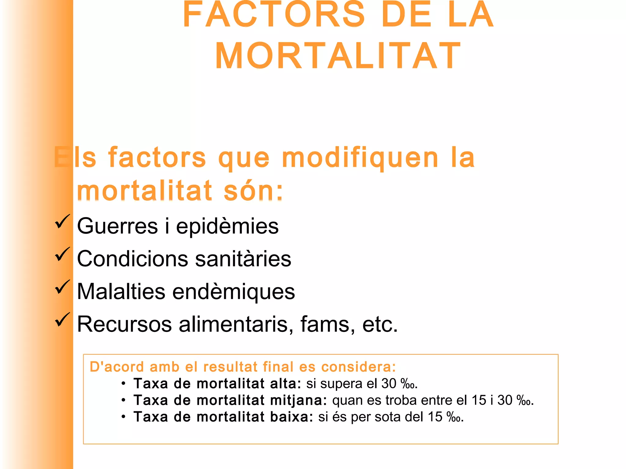 FACTORS DE LA
                 MORTALITAT

Els factors que modifiquen la
 mortalitat són:
 Guerres i epidèmies
 Condicions sanitàries
 Malalties endèmiques
 Recursos alimentaris, fams, etc.
   D'acord amb el resultat final es considera:
       • Taxa de mortalitat alta: si supera el 30 ‰.
       • Taxa de mortalitat mitjana: quan es troba entre el 15 i 30 ‰.
       • Taxa de mortalitat baixa: si és per sota del 15 ‰.
 
