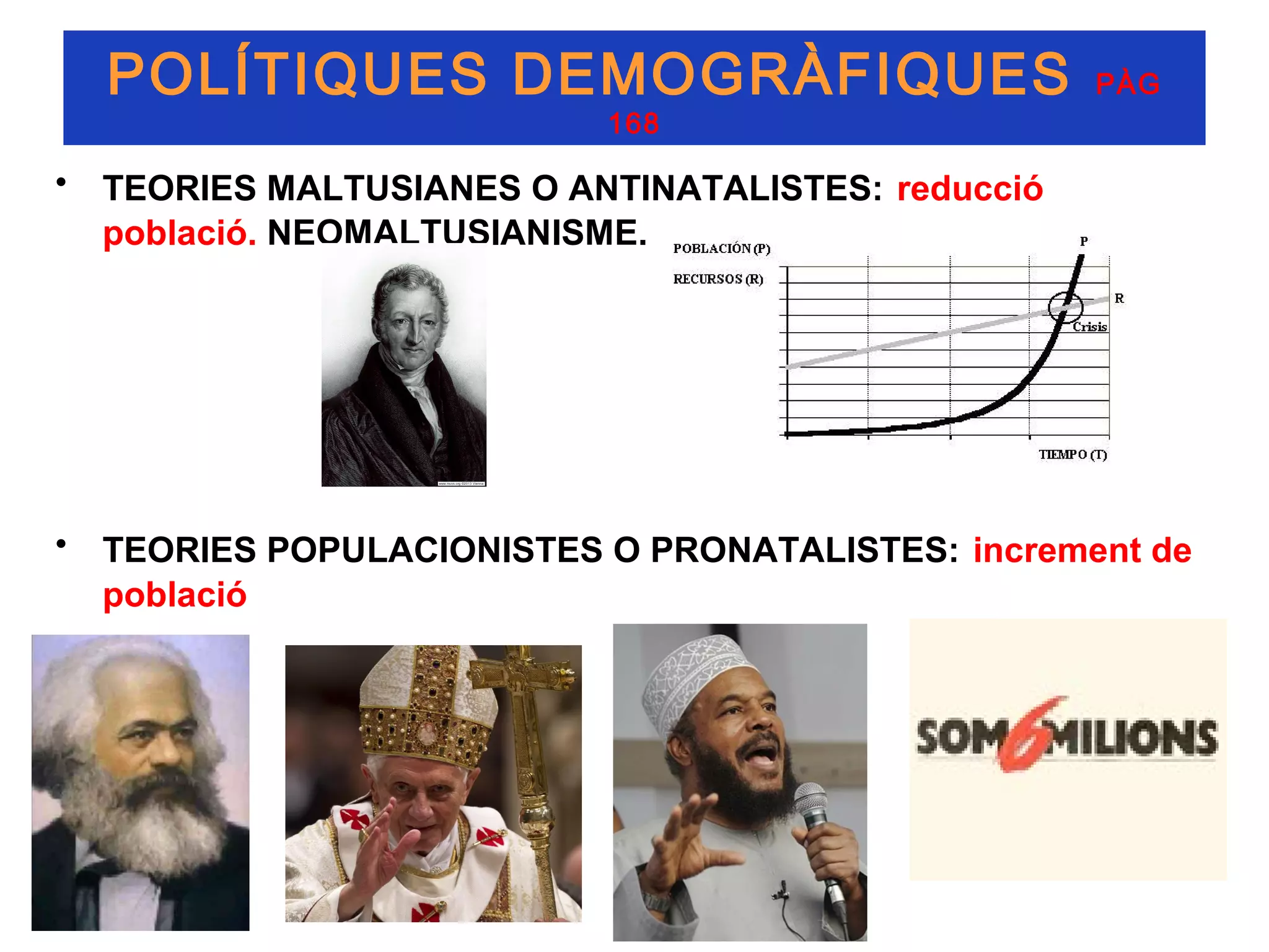 POLÍTIQUES DEMOGRÀFIQUES                         PÀG
                            168

•   TEORIES MALTUSIANES O ANTINATALISTES: reducció
    població. NEOMALTUSIANISME.




•   TEORIES POPULACIONISTES O PRONATALISTES: increment de
    població
 