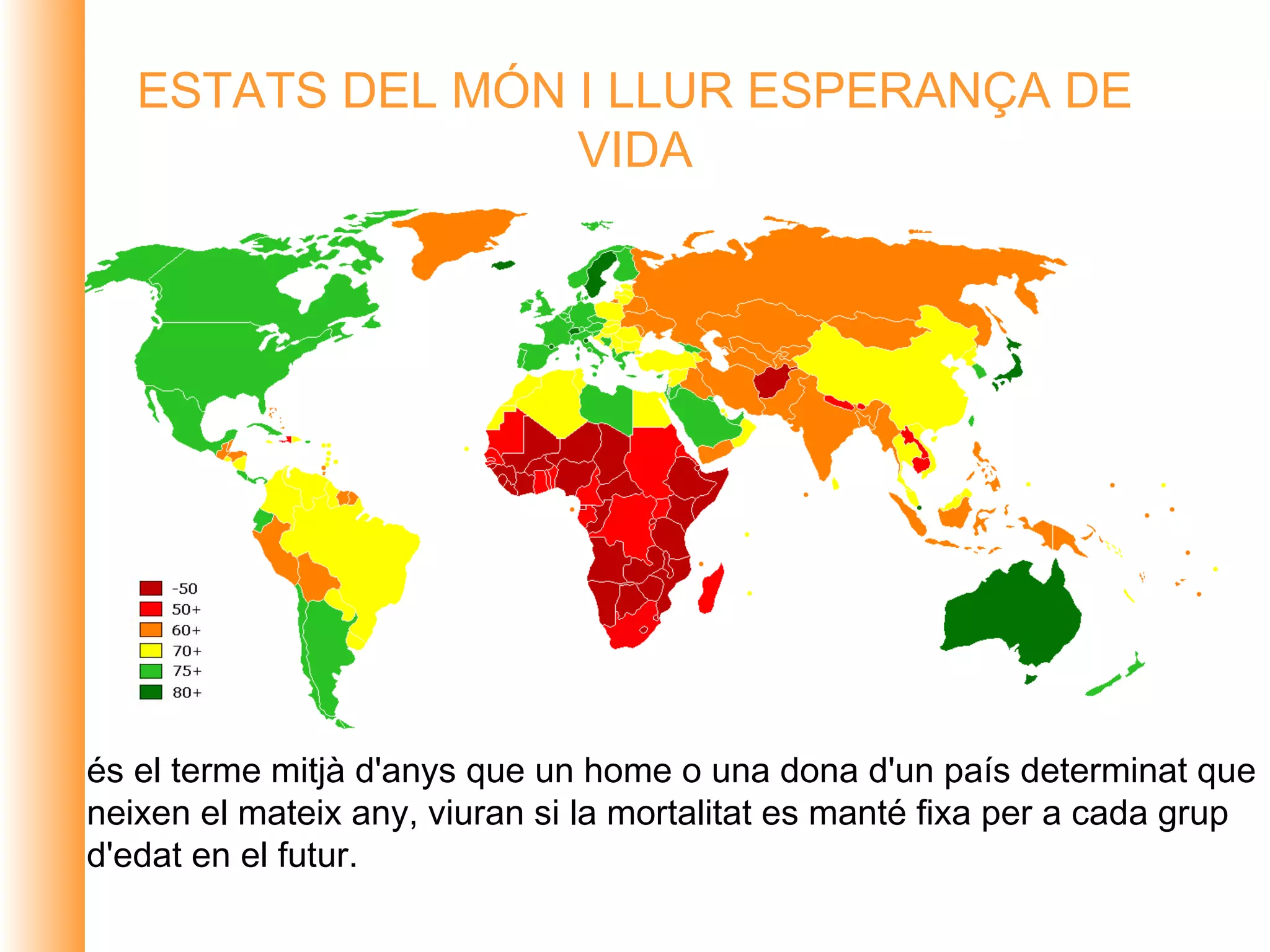 ESTATS DEL MÓN I LLUR ESPERANÇA DE
                  VIDA




és el terme mitjà d'anys que un home o una dona d'un país determinat que
neixen el mateix any, viuran si la mortalitat es manté fixa per a cada grup
d'edat en el futur.
 