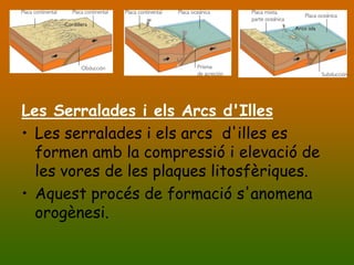 Les Serralades i els Arcs d'Illes
• Les serralades i els arcs d'illes es
  formen amb la compressió i elevació de
  les vores de les plaques litosfèriques.
• Aquest procés de formació s'anomena
  orogènesi.
 