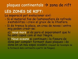plaques continentals  zona de rift
LES ZONES DE RIFT:
La separació pot evolucionar així:
- Si el material fos de l’astenosfera és refreda
  s’estabilitza i creix el gruix de la litosfera.
- Si és trenca la placa, en crea de noves i entre
  mig poden crear-se:
  a) nous mars si és para el separament que hi
  ha amb capes com el mar Negre.
  b) Nous oceans si continuen i la fissura és
  dona per complet formant dues plaques i és
  dona en un nou espai oceànic (Aquest és l’exemple de
  la formació dels continents a partir de Pangea).
 