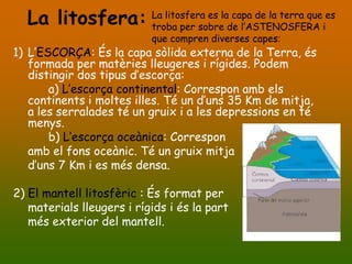 La litosfera: La litosfera es lade l’ASTENOSFERA ies
                troba per sobre
                                   capa de la terra que

                           que compren diverses capes:
1) L’ESCORÇA: És la capa sòlida externa de la Terra, és
   formada per matèries lleugeres i rígides. Podem
   distingir dos tipus d’escorça:
       a) L’escorça continental: Correspon amb els
   continents i moltes illes. Té un d’uns 35 Km de mitja,
   a les serralades té un gruix i a les depressions en té
   menys.
       b) L’escorça oceànica: Correspon
   amb el fons oceànic. Té un gruix mitja
   d’uns 7 Km i es més densa.

2) El mantell litosfèric : És format per
   materials lleugers i rígids i és la part
   més exterior del mantell.
 