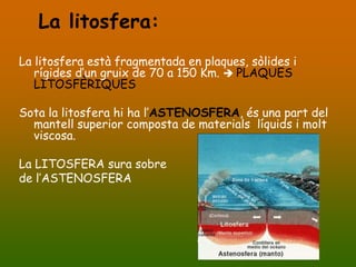 La litosfera:
La litosfera està fragmentada en plaques, sòlides i
   rígides d’un gruix de 70 a 150 Km.  PLAQUES
   LITOSFÈRIQUES

Sota la litosfera hi ha l’ASTENOSFERA, és una part del
  mantell superior composta de materials líquids i molt
  viscosa.

La LITOSFERA sura sobre
de l’ASTENOSFERA
 