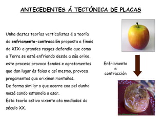 Unha destas teorías verticalistas é a teoría
do enfriamento-contracción proposta a finais
do XIX: a grandes rasgos defendía que como
a Terra se está enfriando desde a súa orixe,
este proceso provoca fendas e agretamentos
que dan lugar ás faias e así mesmo, provoca
pregamentos que orixinan montañas.
De forma similar o que ocorre coa pel dunha
mazá cando estamola a asar.
Esta teoría estivo vixente ata mediados do
século XX.
ANTECEDENTES Á TECTÓNICA DE PLACAS
Enfriamento
e
contracción
 