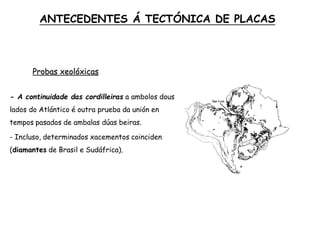 Probas xeolóxicas
- A continuidade das cordilleiras a ambolos dous
lados do Atlántico é outra prueba da unión en
tempos pasados de ambalas dúas beiras.
- Incluso, determinados xacementos coinciden
(diamantes de Brasil e Sudáfrica).
ANTECEDENTES Á TECTÓNICA DE PLACAS
 