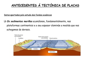  Os sedimentos mariños acumúlanse, fundamentalmente, nas
plataformas continentais e o seu espesor disminúe a medida que nos
achegamos ás dorsais.
ANTECEDENTES Á TECTÓNICA DE PLACAS
Datos aportados polo estudo dos fondos oceánicos
 