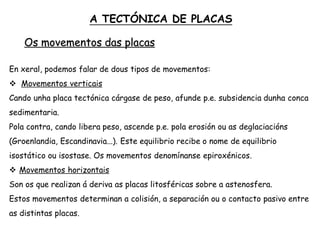 Os movementos das placas
En xeral, podemos falar de dous tipos de movementos:
 Movementos verticais
Cando unha placa tectónica cárgase de peso, afunde p.e. subsidencia dunha conca
sedimentaria.
Pola contra, cando libera peso, ascende p.e. pola erosión ou as deglaciacións
(Groenlandia, Escandinavia...). Este equilibrio recibe o nome de equilibrio
isostático ou isostase. Os movementos denomínanse epiroxénicos.
 Movementos horizontais
Son os que realizan á deriva as placas litosféricas sobre a astenosfera.
Estos movementos determinan a colisión, a separación ou o contacto pasivo entre
as distintas placas.
A TECTÓNICA DE PLACAS
 