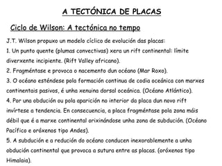 Ciclo de Wilson: A tectónica no tempo
J.T. Wilson propuxo un modelo cíclico de evolución das placas:
1. Un punto quente (plumas convectivas) xera un rift continental: límite
diverxente incipiente. (Rift Valley africano).
2. Fragméntase e provoca o nacemento dun océano (Mar Roxo).
3. O océano esténdese pola formación continua de codia oceánica con marxes
continentais pasivos, é unha xenuina dorsal oceánica. (Océano Atlántico).
4. Por una obdución ou pola aparición no interior da placa dun novo rift
invírtese a tendencia. En consecuencia, a placa fragméntase pola zona máis
débil que é a marxe continental orixinándose unha zona de subdución. (Océano
Pacífico e oróxenos tipo Andes).
5. A subdución e a redución do océano conducen inexorablemente a unha
obdución continental que provoca a sutura entre as placas. (oróxenos tipo
Himalaia).
A TECTÓNICA DE PLACAS
 