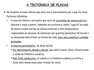 A TECTÓNICA DE PLACAS
 Os modelos actuais indican que esto non é exactamente así, e que hai dous
factores influíntes:
 A enerxía térmica terrestre que xera as correntes de convección que
afectan a todo o manto. Sabemos da existencia dunha “capa D” na base
do manto (xusto enriba do núcleo externo) a alta temperatura
responsable do ascenso de materiais moi quentes (penachos térmicos) e
un descendo máis difuso en forma de cuña, pero sen constituir celdiñas
pechadas.
 A enerxía gravitatoria, de dous xeitos:
 Por deslizamento dende a dorsal, que está a maior altura favorecendo
a caída da litosfera oceánica.
 Polo tirón subductivo, ao subducir a litosfera oceánica arrefría e
faise máis densa nesa zona tirando do resto.
 