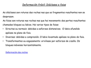 Deformación fráxil: Diáclases e faias
As diáclases son roturas das rochas nas que os fragmentos resultantes non se
desprazan.
As faias son roturas nas rochas nas que hai movemento dos partes resultantes
chamadas bloques ou labios. Hai varios tipos de faias:
• Directas ou normais: debidas a esforzos distensivos. O labio afundido
apóiase no plano de faia.
• Inversas: debidas a compresión. O labio levantado apóiase no plano de faia.
• Transformantes ou esgazamento: orixínase por esforzos de cizalla. Os
bloques móvense horizontalmente.
Deformación das rochas
 