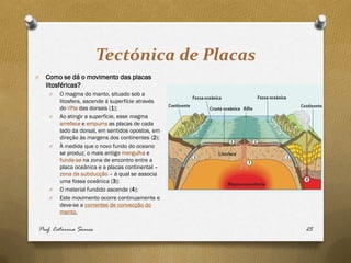 Tectónica de Placas
O     Como se dá o movimento das placas
      litosféricas?
        O   O magma do manto, situado sob a
            litosfera, ascende à superfície através
            do rifte das dorsais (1);
        O   Ao atingir a superfície, esse magma
            arrefece e empurra as placas de cada
            lado da dorsal, em sentidos opostos, em
            direção às margens dos continentes (2);
        O   À medida que o novo fundo do oceano
            se produz, o mais antigo mergulha e
            funde-se na zona de encontro entre a
            placa oceânica e a placas continental –
            zona de subducção – à qual se associa
            uma fossa oceânica (3);
        O   O material fundido ascende (4);
        O   Este movimento ocorre continuamente e
            deve-se a correntes de convecção do
            manto.

    Prof. Catarina Soares                             25
 