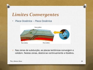 Limites Convergentes
   • Placa Oceânica – Placa Oceânica




   O Nas zonas de subducção, as placas tectónicas convergem e
        colidem. Nestas zonas, destroi-se continuamente a litosfera.


Prof. Catarina Soares                                                  29
 