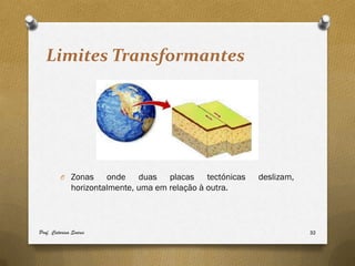 Limites Transformantes




         O Zonas       onde duas placas tectónicas       deslizam,
              horizontalmente, uma em relação à outra.



Prof. Catarina Soares                                                32
 