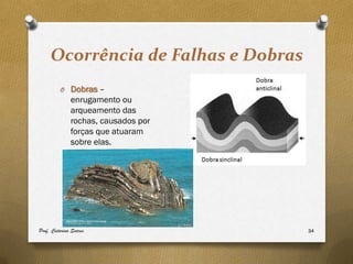 Ocorrência de Falhas e Dobras
         O Dobras –
              enrugamento ou
              arqueamento das
              rochas, causados por
              forças que atuaram
              sobre elas.




Prof. Catarina Soares                34
 