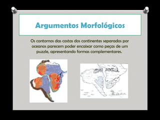 Argumentos Morfológicos
Os contornos das costas dos continentes separados por
oceanos parecem poder encaixar como peças de um
puzzle, apresentando formas complementares.

Ana Beatriz Fernandes

 