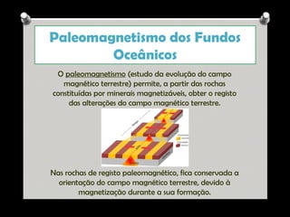 Paleomagnetismo dos Fundos
Oceânicos
O paleomagnetismo (estudo da evolução do campo
magnético terrestre) permite, a partir das rochas
constituídas por minerais magnetizáveis, obter o registo
das alterações do campo magnético terrestre.

Nas rochas de registo paleomagnético, fica conservada a
orientação do campo magnético terrestre, devido à
magnetização durante a sua formação.
Ana Beatriz Fernandes

 
