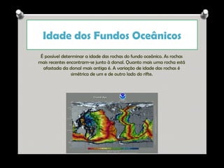 Idade dos Fundos Oceânicos
É possível determinar a idade das rochas do fundo oceânico. As rochas
mais recentes encontram-se junto à dorsal. Quanto mais uma rocha está
afastada da dorsal mais antiga é. A variação de idade das rochas é
simétrica de um e de outro lado do rifte.

Ana Beatriz Fernandes

 