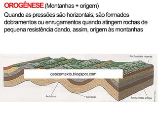 OROGÊNESE(Montanhas + origem)
Quando as pressões são horizontais, são formados
dobramentos ou enrugamentos quando atingem rochas de
pequena resistência dando, assim, origem às montanhas
geocontexto.blogspot.com
 
