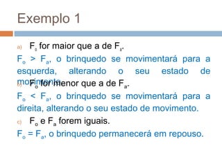 Exemplo 1
a)  Fo for maior que a de Fa.
Fo > Fa, o brinquedo se movimentará para a
esquerda, alterando o seu estado de
movimento.
b) Fo for menor que a de F a.

Fo < Fa, o brinquedo se movimentará para a
direita, alterando o seu estado de movimento.
c) Fo e Fa forem iguais.

Fo = Fa, o brinquedo permanecerá em repouso.
 