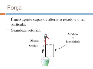 Força
•   Único agente capaz de alterar o estado e uma
    partícula;
•   Grandeza vetorial;
                                      Módulo
                                        ou
               Direção              Intensidade
              Sentido
                              F
 
