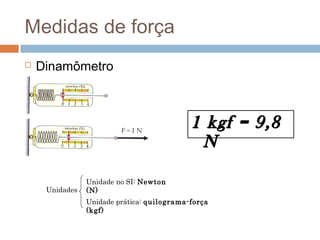 Medidas de força
   Dinamômetro



                                            1 kgf = 9,8
                                             N

                Unidade no SI: Newton
     Unidades   (N)
                Unidade prática: quilograma-força
                (kgf)
 