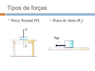 Tipos de forças
   Força Normal (N)      Força de Atrito (Fat)



                           Fat
 