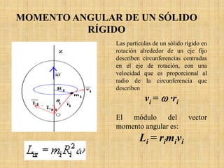Las partículas de un sólido rígido en
rotación alrededor de un eje fijo
describen circunferencias centradas
en el eje de rotación, con una
velocidad que es proporcional al
radio de la circunferencia que
describen
vi = ω ·ri
El módulo del vector
momento angular es:
Li = rimivi
MOMENTO ANGULAR DE UN SÓLIDO
RÍGIDO
 