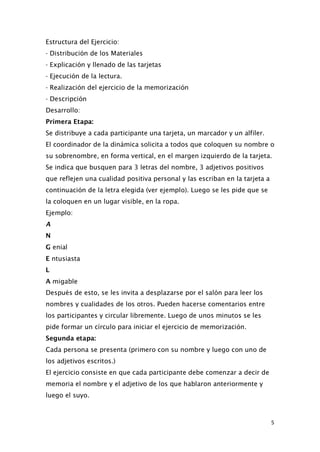 Estructura del Ejercicio:
- Distribución de los Materiales
- Explicación y llenado de las tarjetas
- Ejecución de la lectura.
- Realización del ejercicio de la memorización
- Descripción
Desarrollo:
Primera Etapa:
Se distribuye a cada participante una tarjeta, un marcador y un alfiler.
El coordinador de la dinámica solicita a todos que coloquen su nombre o
su sobrenombre, en forma vertical, en el margen izquierdo de la tarjeta.
Se indica que busquen para 3 letras del nombre, 3 adjetivos positivos
que reflejen una cualidad positiva personal y las escriban en la tarjeta a
continuación de la letra elegida (ver ejemplo). Luego se les pide que se
la coloquen en un lugar visible, en la ropa.
Ejemplo:
A
N
G enial
E ntusiasta
L
A migable
Después de esto, se les invita a desplazarse por el salón para leer los
nombres y cualidades de los otros. Pueden hacerse comentarios entre
los participantes y circular libremente. Luego de unos minutos se les
pide formar un círculo para iniciar el ejercicio de memorización.
Segunda etapa:
Cada persona se presenta (primero con su nombre y luego con uno de
los adjetivos escritos.)
El ejercicio consiste en que cada participante debe comenzar a decir de
memoria el nombre y el adjetivo de los que hablaron anteriormente y
luego el suyo.
5
 