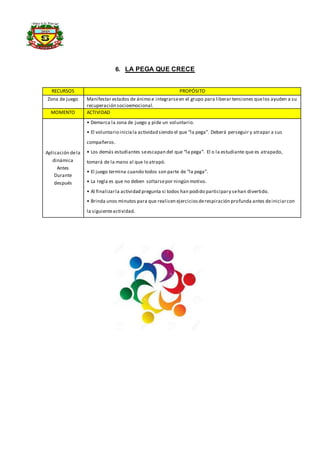 6. LA PEGA QUE CRECE
RECURSOS PROPÓSITO
Zona de juego Manifestar estados de ánimo e integrarseen el grupo para liberar tensiones quelos ayuden a su
recuperación socioemocional.
MOMENTO ACTIVIDAD
Aplicación dela
dinámica
Antes
Durante
después
• Demarca la zona de juego y pide un voluntario.
• El voluntario iniciala actividad siendo el que “la pega”. Deberá perseguir y atrapar a sus
compañeros.
• Los demás estudiantes seescapan del que “la pega”. El o la estudiante que es atrapado,
tomará de la mano al que lo atrapó.
• El juego termina cuando todos son parte de “la pega”.
• La regla es que no deben soltarsepor ningún motivo.
• Al finalizarla actividad pregunta si todos han podido participary sehan divertido.
• Brinda unos minutos para que realicen ejerciciosderespiración profunda antes deiniciarcon
la siguienteactividad.
 