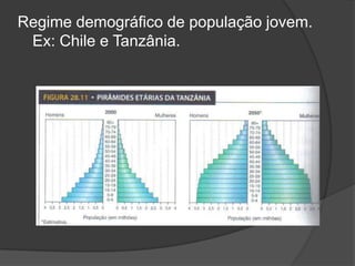 Regime demográfico de população jovem.
 Ex: Chile e Tanzânia.
 