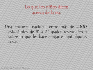 Lo que los niños dicen
acerca de la ira.
Una encuesta nacional entre más de 2,100
estudiantes de 3° a 6° grado, respondieron
sobre lo que les hace enojar e aquí algunas
cosas.

Lic. Pablo M. Contreras Alvarado

 