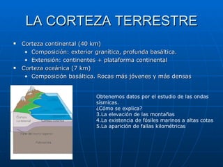 LA CORTEZA TERRESTRE Corteza continental (40 km) Composición: exterior granítica, profunda basáltica. Extensión: continentes + plataforma continental Corteza oceánica (7 km) Composición basáltica. Rocas más jóvenes y más densas Obtenemos datos por el estudio de las ondas sísmicas. ¿Cómo se explica? La elevación de las montañas La existencia de fósiles marinos a altas cotas La aparición de fallas kilométricas  