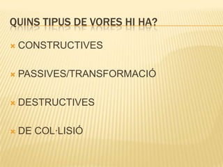 QUINS TIPUS DE VORES HI HA?
 CONSTRUCTIVES
 PASSIVES/TRANSFORMACIÓ
 DESTRUCTIVES
 DE COL·LISIÓ
 