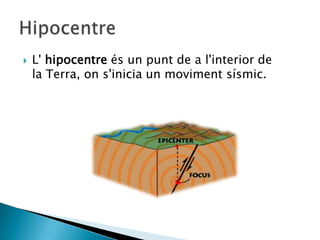  L' hipocentre és un punt de a l'interior de
la Terra, on s'inicia un moviment sísmic.
 