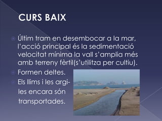  Últim tram en desembocar a la mar,
l’acció principal és la sedimentació
velocitat mínima la vall s’amplia més
amb terreny fèrtil(s’utilitza per cultiu).
 Formen deltes.
 Els llims i les argi-
les encara són
transportades.
 