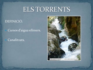 DEFINICIÓ.
 Cursos d’aigua efímers.
 Canalitzats.
 