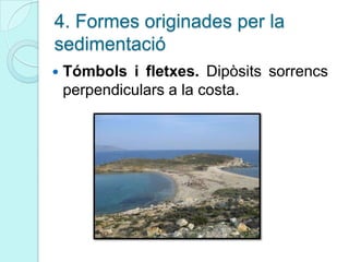 4. Formes originades per la
sedimentació
 Tómbols i fletxes. Dipòsits sorrencs
perpendiculars a la costa.
 