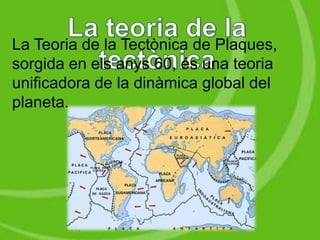 La Teoria de la Tectònica de Plaques,
sorgida en els anys 60, és una teoria
unificadora de la dinàmica global del
planeta.
 