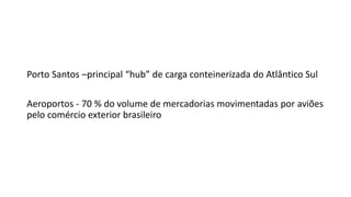 Porto Santos –principal “hub” de carga conteinerizada do Atlântico Sul
Aeroportos - 70 % do volume de mercadorias movimentadas por aviões
pelo comércio exterior brasileiro
 