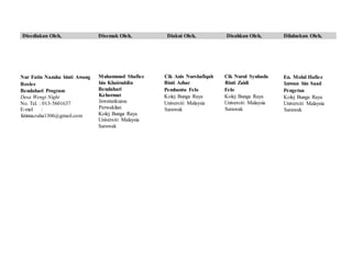 Disediakan Oleh, Disemak Oleh, Diakui Oleh, Disahkan Oleh, Diluluskan Oleh,
Nur Fatin Nazuha binti Awang
Roslee
Bendahari Program
Desa Wengi Night
No. Tel. : 013-5601637
E-mel :
fatinnazuha1306@gmail.com
Muhammad Shafiee
bin Khairuddin
Bendahari
Kehormat
Jawatankuasa
Perwakilan
Kolej Bunga Raya
Universiti Malaysia
Sarawak
Cik Anis Nurshafiqah
Binti Azhar
Pembantu Felo
Kolej Bunga Raya
Universiti Malaysia
Sarawak
Cik Nurul Syuhada
Binti Zaidi
Felo
Kolej Bunga Raya
Universiti Malaysia
Sarawak
En. Mohd Hafiez
Izzwan bin Saad
Pengetua
Kolej Bunga Raya
Universiti Malaysia
Sarawak
 