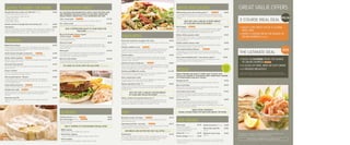 FOLD                                                                                                        CROP




       DISHES TO NIBBLE OR SHARE                                                                STEAKS AND GRILLS                                                                                                                                                                     PASTA AND SALADS                                                                                                      GREAT VALUE OFFERS
     Dough balls and a choice of 2 dips (V) 294 kcal                                   £2.65   ALL OUR STEAKS ARE MATURED FOR AT LEAST 21 DAYS FOR EXTRA TASTE                                                                                                                      Wholewheat pasta with rocket pesto                                              MEAL DEAL                       £8.65
     Garlic & herb dough balls served with:                                                    AND TENDERNESS AND THEN COOKED TO YOUR LIKING. SERVED WITH                                                                                                                           Grilled vegetables, soya beans, slow roasted tomato and wholewheat pasta
     • Olive oil and balsamic vinegar. 184 kcal                                                GRILLED TOMATO, GARDEN PEAS, A FLAT MUSHROOM AND CHIPS                                                                                                                               spirals tossed in a rocket pesto and topped with rocket and cheese shavings.
                                                                                                                                                                                                                                                                                    706 kcal                                                                                                                                                                                                               £12.50
                                                                                                                                                                                                                                                                                                                                                                                                              2 COURSE MEAL DEAL
     • Tomato salsa. 10 kcal                                                                   10oz* rump steak            MEAL DEAL                                             £12.25
     • Guacamole. 43 kcal
     • Garlic butter. 183 kcal                                                                 Firm, meaty and ﬂavoursome. Best grilled rare to medium. 1007 kcal                                                                                                                                    WHY NOT ADD A GRILLED CHICKEN BREAST
     Double portion of dough balls with all dips (V) 1110 kcal                         £4.65   8oz* sirloin steak                                                                £13.95                                                                                                             TO YOUR DISH FOR £2.00 EXTRA? 174 kcal extra
                                                                                               Lean and tender. Great grilled any way you like it. 962 kcal
     Pub platter                                                                       £9.50                                                                                                                                                                                        Beef lasagne                MEAL DEAL                                                                           £8.70     • ENJOY OUR GREAT VALUE 2 COURSE
     Garlic & herb breaded mushrooms, battered chicken strips, potato wedges, tortilla                  ADD A PEPPERCORN SAUCE TO YOUR STEAK FOR                                                                                                                                    Layers of pasta and minced beef in a rich tomato Bolognese sauce, topped
     chips, duck parcels, battered onion rings and garlic & herb dough balls. Served with                           99p EXTRA 64 kcal extra                                                                                                                                         with Cheddar and mozzarella cheeses. Served with your choice of chips                                                       MEAL DEAL
     tomato salsa, BBQ sauce and sour cream – perfect for sharing! 1430 kcal                                                                                                                                                                                                        (1041 kcal), garlic bread (804 kcal) or mixed salad (631 kcal)
                                                                                               Bacon & Cheddar cheese topped                                                                                                                                                                                                                                                                                  • SIMPLY CHOOSE FROM THE RANGE OF
                                                                                               chicken breast MEAL DEAL
                                                                                               Served with BBQ sauce, mixed salad and your choice of chips (1159 kcal) or
                                                                                                                                                                                  £9.99    FAVOURITES                                                                               Sticky chicken goujons salad
                                                                                                                                                                                                                                                                                    Battered chicken strips coated in a spiced caramel glaze. Served with mixed
                                                                                                                                                                                                                                                                                    leaves, red peppers, red onion, cucumber, tomato and topped with crispy
                                                                                                                                                                                                                                                                                                                                                                                                    £9.45
                                                                                                                                                                                                                                                                                                                                                                                                                DISHES MARKED MEAL DEAL
       STARTERS                                                                                a jacket potato (936 kcal)
                                                                                               Gammon steak                                                                       £8.99
                                                                                                                                                                                          Pork, leek and bacon sausages with mash
                                                                                                                                                                                          Topped with spiced onion marmalade and served with gravy and garden peas.
                                                                                                                                                                                                                                                                            £8.45   onion bits. 647 kcal
                                                                                                                                                                                                                                                                                    Grilled chicken Caesar salad                                                                                    £9.50
                                                                                               Served with your choice of fried eggs (460 kcal) or grilled pineapple rings                872 kcal                                                                                  Grilled chicken breast served on crisp salad leaves with cheese shavings, a
     Baked Camembert                                                                   £5.65
                                                                                               (364 kcal), half a grilled tomato, garden peas and chips (467 kcal) or a jacket            Chicken makhani curry                                                             £8.99   Caesar dressing and garlic croutons. 591 kcal
     Whole baked Camembert served with crusty baguette slices and spiced                                                                                                                                                       MEAL DEAL
                                                                                               potato (244 kcal)
     onion marmalade. Cooked to perfection, which means you’ll have to wait 15
                                                                                               Mixed grill                                                                       £14.40
                                                                                                                                                                                          A medium-hot curry made with chicken breast marinated with yoghurt and                    Hot-smoked salmon Nicoise**                                  MEAL DEAL                                          £9.70
                                                                                                                                                                                                                                                                                                                                                                                                                                                                                                             £22
                                                                                                                                                                                                                                                                                                                                                                                                              THE ULTIMATE DEAL
     minutes, but it’s worth it! 817 kcal                                                                                                                                                 spices in a tomato and cream curry sauce. Served with basmati rice, naan                  Chunky ﬂakes of hot-smoked salmon served cold with new potatoes,
                                                                                               Rump steak, chicken breast, gammon steak, pork, leek & bacon sausage and                   bread and a side of butternut squash, spinach & lentil curry. 1000 kcal                   hardboiled egg, green beans, rocket, cherry tomatoes and French dressing.
     Garlic & herb breaded mushrooms                     MEAL DEAL                     £3.99
                                                                                               fried egg, served with a grilled tomato, garden peas, a ﬂat mushroom and                   Chicken fajitas                                                                   £9.85   575 kcal
     Great for dipping with garlic mayonnaise and BBQ sauce. 496 kcal
                                                                                               chips (1513 kcal) or jacket potato (1290 kcal)
                                                                                                                                                                                          Strips of pepper, onion and grilled chicken breast in Cajun spices. Served                Pear, walnut & Blacksticks™ blue cheese salad                                                              £8.99
     Sticky chicken goujons             MEAL DEAL                                      £4.99
     Battered chicken strips coated in a spiced caramel glaze. Served with a lightly
                                                                                               Surf, turf and chicken                                                            £14.40   with warm ﬂour tortillas, guacamole, sour cream, tomato salsa and grated
                                                                                                                                                                                          Cheddar cheese. 1074 kcal
                                                                                                                                                                                                                                                                                    Mixed leaves and rocket, chopped pears, walnuts and Blacksticks™ blue                                                     • ENJOY 3 COURSES FROM THE RANGE
                                                                                               Rump steak, grilled chicken breast and Cajun battered prawns, served with                                                                                                            cheese drizzled with French dressing. 469 kcal
     dressed salad garnish. 475 kcal
                                                                                               tomato salsa, chips and a lightly dressed salad garnish. 964 kcal                          Chicken & leek crumble pie §                MEAL DEAL                             £8.85                                                                                                                               OF DISHES MARKED MEAL DEAL
     Aromatic duck parcels                                                             £5.25
     Served with sweet, sticky soy & ginger sauce and a lightly dressed salad                       GO LARGE ON YOUR CHIPS FOR 65p EXTRA 233 kcal extra                                   British chicken cooked in white wine, garlic and herbs, with leeks and a double
                                                                                                                                                                                          cream sauce, topped with a mature Cheddar cheese & herb savoury crumble.                                                                                                                            AVAILABLE       • A GLASS OF WINE, BEER OR SOFT DRINK *
                                                                                                                                                                                                                                                                                                                                                                                              TO ENJOY
                                                                                                                                                                                                                                                                                      PIZZAS
     garnish. 426 kcal                                                                                                                                                                    Served with garden peas, chips and gravy. 1235 kcal
                                                                                                                                                                                                                                                                                                                                                                                               IN YOUR        • A PREMIER BREAKFAST
     Prawn cocktail                                                                    £4.99                                                                                              Chicken and BBQ ribs combo                                                       £11.45                                                                                                               ROOM
     Served on crisp salad leaves with tomato, cucumber, a classic Marie Rose                                                                                                             Sticky, battered chicken goujons and a half rack of smoky maple BBQ ribs.                                                                                                                                           *Any 20oz Pepsi, Diet Pepsi or Lemonade, pint of Carlsberg lager, pint of Boddingtons bitter (draught
     sauce and buttered brown bread. 374 kcal                                                                                                                                                                                                                                       FRESHLY PREPARED AND BAKED TO ORDER. WANT TO ENJOY YOUR                                                                   products may vary regionally), 175ml glass of Kendermann’s medium white wine or Villa D’Elsa Rosso wine.
                                                                                                                                                                                          Served with chips, coleslaw and BBQ sauce. 1413 kcal
                                                                                                                                                                                                                                                                                    PIZZA IN THE COMFORT OF YOUR ROOM? SIMPLY ORDER FROM A MEMBER
     Hot-smoked salmon** Nicoise                                                       £4.95                                                                                              Slow cooked duck conﬁt                                                           £10.99   OF THE RESTAURANT TEAM OR AT THE BAR
     Chunky ﬂakes of hot-smoked salmon served cold with new potatoes,                                                                                                                     Succulent leg of duck, served with seasonal vegetables and sautéed new
     hardboiled egg, green beans, mixed leaves, rocket, cherry tomatoes and                                                                                                               potatoes, topped with a spiced berry sauce. 859 kcal                                      Margherita (V)                                                                                                  £7.50
     French dressing. 158 kcal                                                                                                                                                                                                                                                      With diced fresh tomato, Cheddar and mozzarella cheeses. 1086 kcal
                                                                                                                                                                                          Spring vegetable risotto             §                                            £8.95
     Cajun battered prawns               MEAL DEAL                                     £5.45                                                                                              A light risotto with thyme butter, white wine, spring onions, grilled peppers,            Spicy meat feast                                                                                                £8.75
     Served with tomato salsa and a lightly dressed rocket salad garnish. 229 kcal                                                                                                        aubergines, leeks, carrots and soya beans served with rocket & cheese                     Bacon, grilled chicken breast, pepperoni, jalapeños, diced fresh tomato,
                                                                                                                                                                                          shavings. 763 kcal                                                                        Cheddar and mozzarella cheeses. 1378 kcal
     Chicken liver pâté           MEAL DEAL                                            £5.45
     Smooth chicken liver and herb pâté served with slices of toasted brown                                                                                                                                                                                                         Camembert and rocket                                                                                            £7.95
     bread, spiced onion marmalade and a lightly dressed salad garnish.                                                                                                                                WHY NOT ADD A GRILLED CHICKEN BREAST                                         Camembert, diced fresh tomatoes, Cheddar and mozzarella cheeses with
     555 kcal                                                                                                                                                                                         TO YOUR DISH FOR £2.00 EXTRA? 174 kcal extra                                  spiced onion marmalade, topped with rocket and drizzled with extra virgin
                                                                                                                                                                                                                                                                                    olive oil. 1291 kcal
     Seasonal soup (V)                                                                 £3.45                                                                                              Stilton, shallot and toasted walnut tart                                          £8.99
     Made from seasonal vegetables. Served with half a baguette and butter.                                                                                                               A shortcrust pastry tart, deeply ﬁlled with caramelised shallots, Stilton and             Create your own                                                                                                 £8.90
     380 kcal                                                                                                                                                                             walnuts in a creamy béchamel base and baked until golden brown. Served                    Take one margherita base and add three tasty toppings. Choose from
                                                                                                                                                                                          with seasonal vegetables and sautéed new potatoes. 1212 kcal                              pepperoni, grilled chicken breast, mushrooms, ham, pineapple, bacon,
                                                                                                                                                                                                                                                                                    Camembert, red onions, jalapeños, spiced onion marmalade, extra diced fresh
                                                                                                                                                                                                                                                                                    tomato, extra cheese and rocket

                                                                                                                                                                                                                                                                                                     WANT EXTRA TOPPINGS?
                                                                                                BURGERS                                                                                    FISH                                                                                         PLEASE CHOOSE FROM THE SELECTION ABOVE 75P EXTRA

                                                                                               Chicken breast 893 kcal          MEAL DEAL                                         £9.65   Breaded scampi¥ and chips                 MEAL DEAL                               £8.75
                                                                                               6oz* beef burger 902 kcal                                                          £9.65
                                                                                                                                                                                                                                                                                      SIDE ORDERS
                                                                                                                                   MEAL DEAL                                              Served with your choice of mushy peas (1136 kcal) or garden peas (1010
                                                                                               Served in a ﬂoured bun, with salad and tomato, served with chips and                       kcal) and tartare sauce
                                                                                               coleslaw on the side
                                                                                                                                                                                          Hand-battered ﬁsh and chips
                                                                                                                                                                                                                    **                   MEAL DEAL                          £8.75
                                                                                                                                                                                          Freshly hand-battered ﬁsh, served with your choice of mushy peas (1239 kcal)
                                                                                                                                                                                                                                                                                    Extra feast                                    £3.75         Garlic bread (V) 229 kcal                          £2.50
                                                                                                       ADD A TOPPING TO YOUR BURGER FOR 85p EXTRA                                                                                                                                   Garlic & herb breaded
                                                                                                                                                                                          or garden peas (1113 kcal) and tartare sauce                                                                                                           Mixed side salad (V)                               £2.85
                                                                                                                                                                                                                                                                                    mushrooms, battered onion rings
                                                                                               • BBQ topping                                                                                                                                                                        and garlic bread 690 kcal                                    56 kcal
                                                                                                 Battered onion rings and BBQ sauce. 206 kcal                                                  ADD BREAD AND BUTTER FOR ONLY 50p EXTRA 231 kcal
                                                                                                                                                                                                                                                                                    Chips (V) 467 kcal                             £2.45         Battered onion rings                               £2.85   The calorie information is provided as a guide. It is calculated using
                                                                                               • New Yorker topping                                                                       Seafood pie**                                                                     £9.35
                                                                                                                                                                                                                                                                                                                                                 806 kcal                                                   average ﬁgures and based on a typical serving size.
                                                                                                 2 rashers of back bacon and grated Cheddar cheese. 205 kcal                              Pieces of smoked haddock, whiteﬁsh, crayﬁsh, red snapper, prawns and clams                Potato wedges 340 kcal                         £2.45
                                                                                                                                                                                          in a creamy cheese sauce covered with mash and grated Cheddar cheese.
                                                                                               • Swiss topping                                                                            Served with garden peas and buttered brown bread. 901 kcal                                * Approximate weight uncooked, ** May contain small bones, ¥ This scampi is made from reformed pieces
                                                                                                                                                                                                                                                                                                                                                                                                                              Women need around 2,000 kcal and men 2,500 kcal a day
                                                                                                 Sautéed mushrooms and grated Cheddar cheese. 105 kcal                                                                                                                              of scampi, § May contain traces of alcohol, (V) Suitable for vegetarians, Approved by the Vegetarian Society,
                                                                                                                                                                                                                                                                                    ™ Registered Trademark



PI121112A_B.indd 5-6                                                                                                                                                                                                                                                                                                                                                                                                                                                                                                            25/11/2011 11:06
 